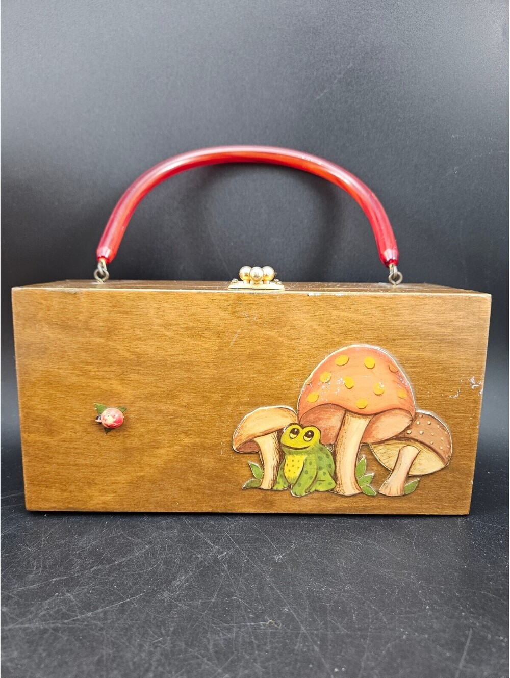 1970 Cottagecore Mushroom Frog Wood Purse Whimsical Craft Kit Red Lucite Handle